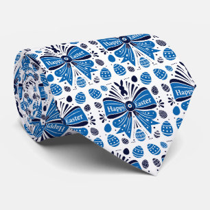 Happy Easter Blue Bow Folk Art Bunny & Eggs Spring Tie