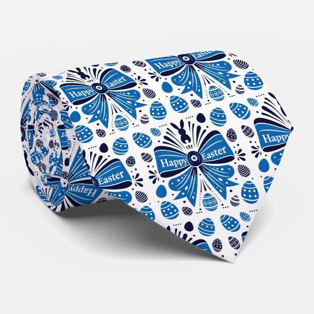 Happy Easter Blue Bow Folk Art Bunny & Eggs Spring Tie (Rolled)