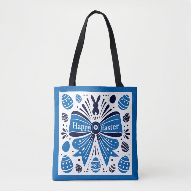 Happy Easter Blue Bow Folk Art Bunny & Eggs Spring Tote Bag (Front)