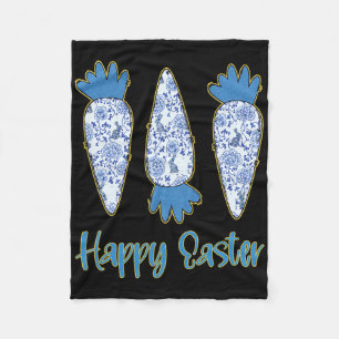 Happy Easter Blue Floral Chinoiserie Carrot Eggs E Fleece Blanket