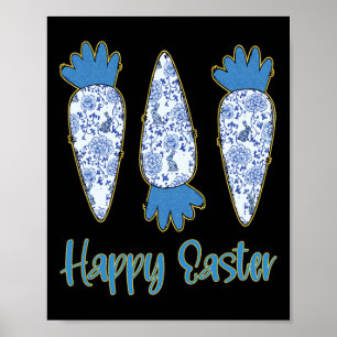 Happy Easter Blue Floral Chinoiserie Carrot Eggs E Poster