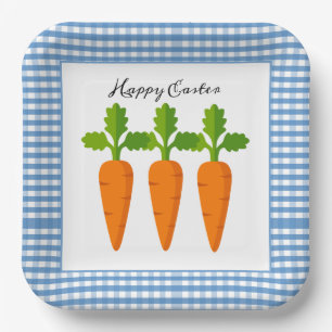 Happy Easter Blue Gingham with Carrot Design  Paper Plate
