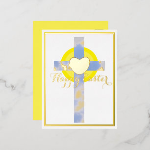 Happy Easter Blue Sky Cross Resurrection Day Foil  Holiday Postcard