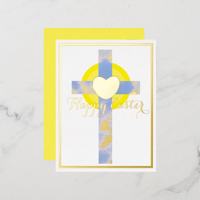 Happy Easter Blue Sky Cross Resurrection Day Foil  Holiday Postcard (Front/Back)