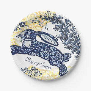 Happy Easter Blue White Yellow Rabbit Chinoiserie Paper Plate
