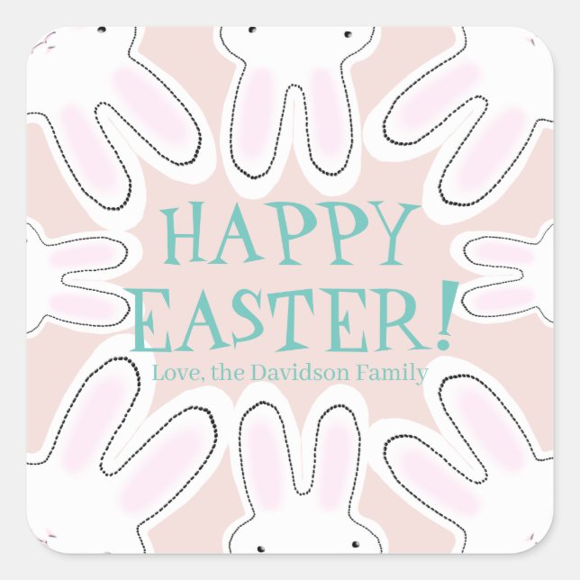 Happy Easter blush pink custom text cute bunnies Square Sticker (Front)
