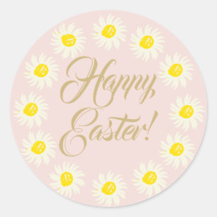 Happy Easter blush pink cute daisy floral frame Classic Round Sticker