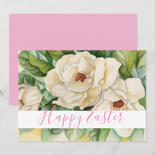 Happy Easter Blush Pink Magnolia Text Floral Holiday Card (Front/Back)