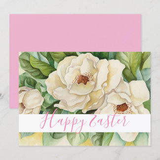 Happy Easter Blush Pink Magnolia Text Floral Holiday Card