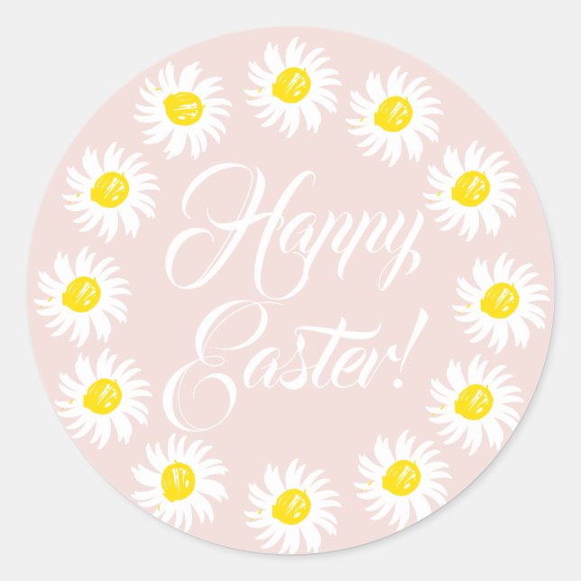 Happy Easter blush pink script cute daisies frame Classic Round Sticker (Front)