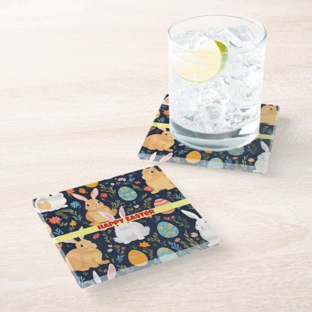 Happy Easter Boho Bunny Collection Glass Coaster (Angled)