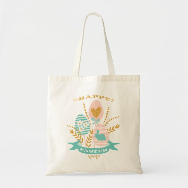 Happy Easter Bouquet Easter bunny and eggs Tote Bag (Front)