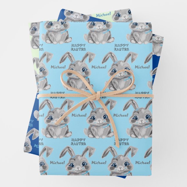 Happy Easter Boys Bunny Rabbit Blue And Green Wrapping Paper Sheet (In situ)