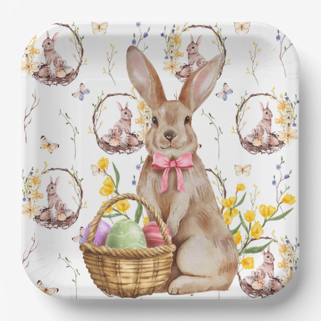Happy Easter Brown Bunnies Paper Plate (Front)
