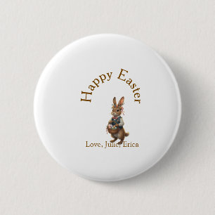 Happy Easter brown bunny with eggs love add name 6 Cm Round Badge