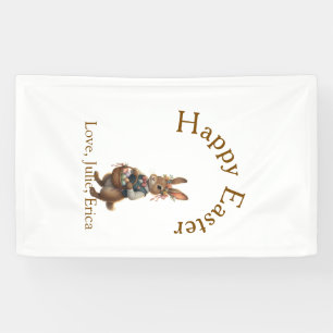 Happy Easter brown bunny with eggs love add name Banner