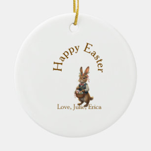 Happy Easter brown bunny with eggs love add name Ceramic Tree Decoration