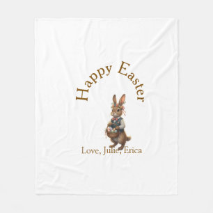 Happy Easter brown bunny with eggs love add name Fleece Blanket