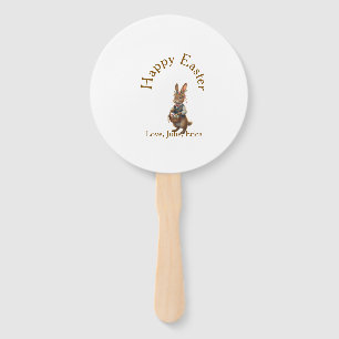 Happy Easter brown bunny with eggs love add name Hand Fan
