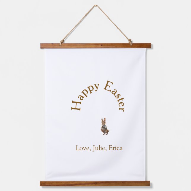 Happy Easter brown bunny with eggs love add name  Hanging Tapestry (Front)