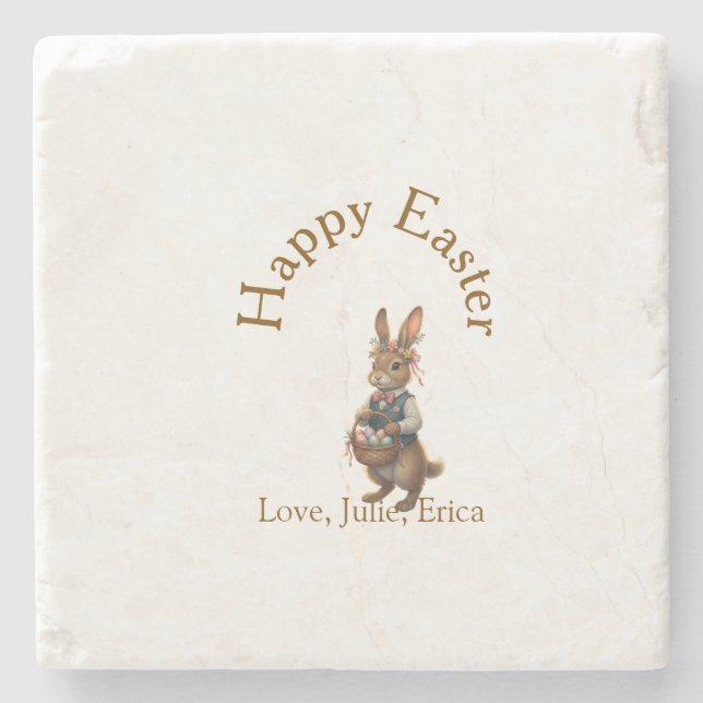 Happy Easter brown bunny with eggs love add name  Stone Coaster (Front)
