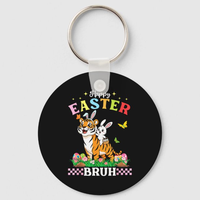 Happy Easter Bruh Cute Tiger Bunny Ears Basket Egg Key Ring (Front)