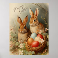 Happy Easter Bunnies and Easter Egg Basket