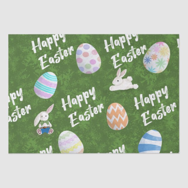 Happy Easter Bunnies and Painted Eggs on Grass Tissue Paper (Front)