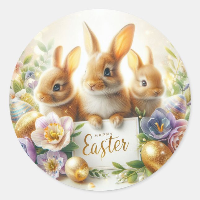 Happy Easter,  Bunnies, Easter Eggs and Flowers Classic Round Sticker (Front)
