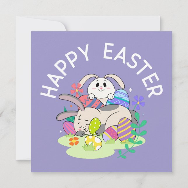 Happy Easter – Bunnies & Eggs Greeting Card (Front)