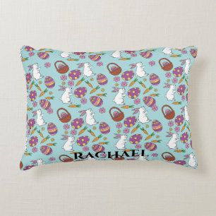 Happy Easter Bunnies Floral Pattern Egg SpringBlue Decorative Cushion