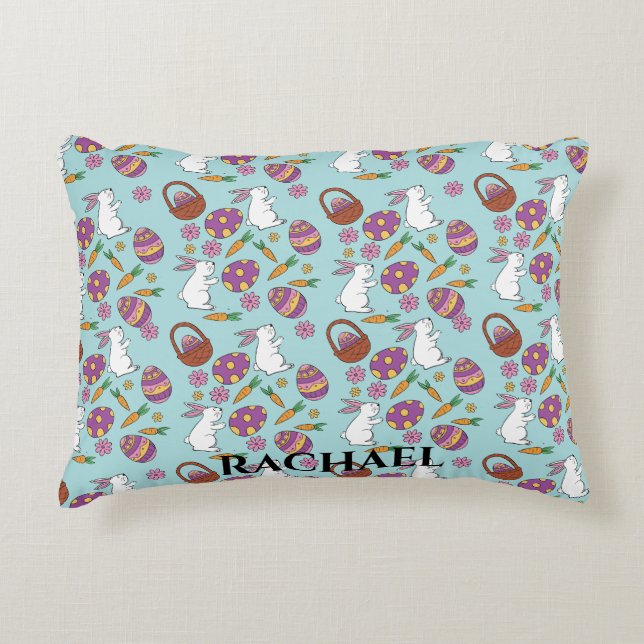 Happy Easter Bunnies Floral Pattern Egg SpringBlue Decorative Cushion (Front)
