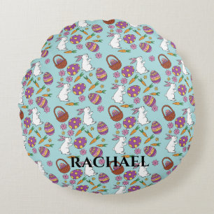 Happy Easter Bunnies Floral Pattern Egg SpringBlue Round Cushion