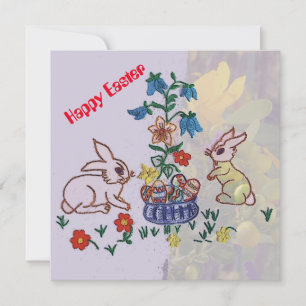 Happy Easter - Bunnies, Lilies and Eggs greeting Holiday Card