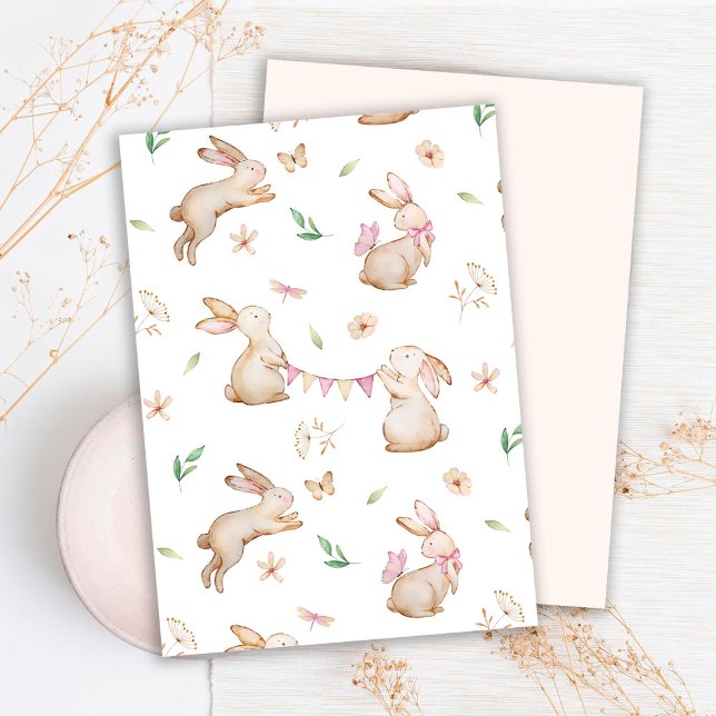 Happy Easter Bunnies Watercolor Pattern Holiday Card (Creator Uploaded)