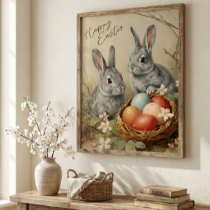 Happy easter bunnies with easter eggs in basket Poster
