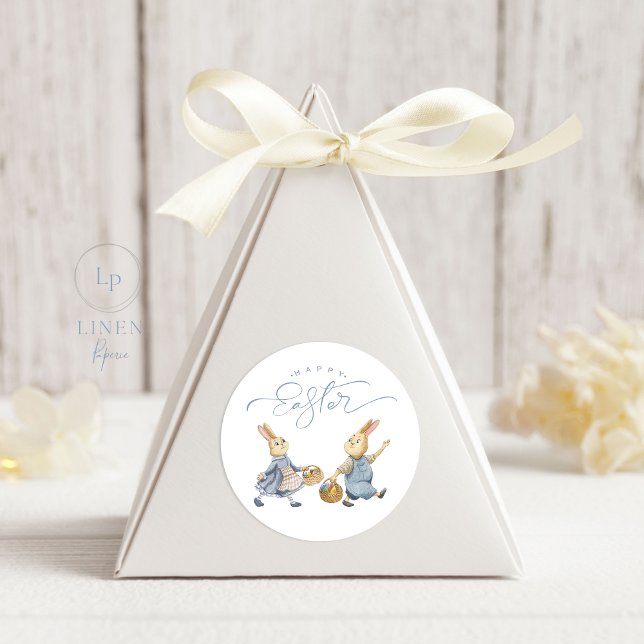 Happy Easter Bunnies with Egg Baskets Classic Round Sticker (Creator Uploaded)