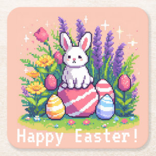 Happy Easter bunny 8 bit pixel art Square Paper Coaster