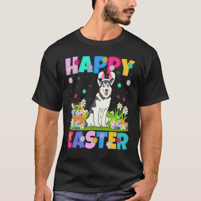 Happy Easter Bunny Alaskan Malamute Dog Easter Sun T-Shirt (Front)
