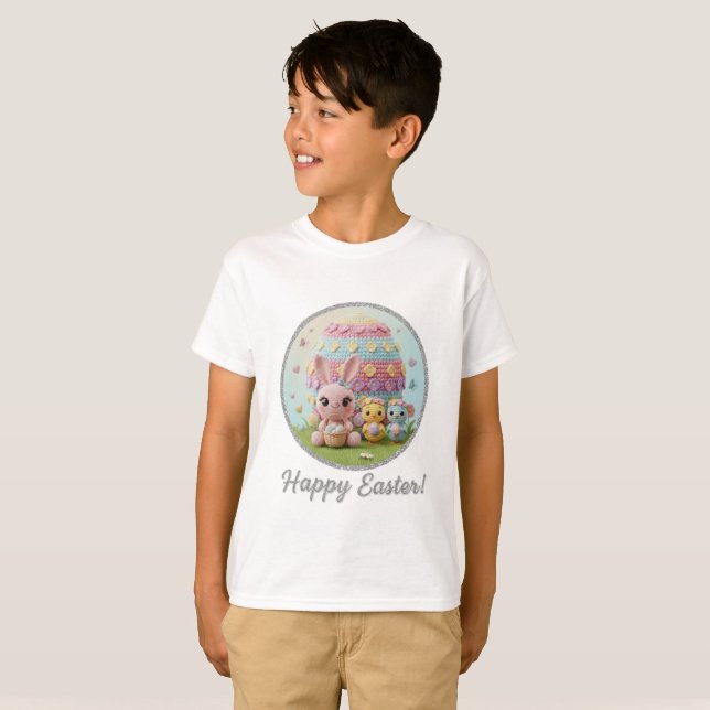 Happy Easter Bunny and Chicks with Pastel Egg  T-Shirt (Front Full)