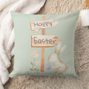 Happy Easter Bunny and Egg on Green Cushion