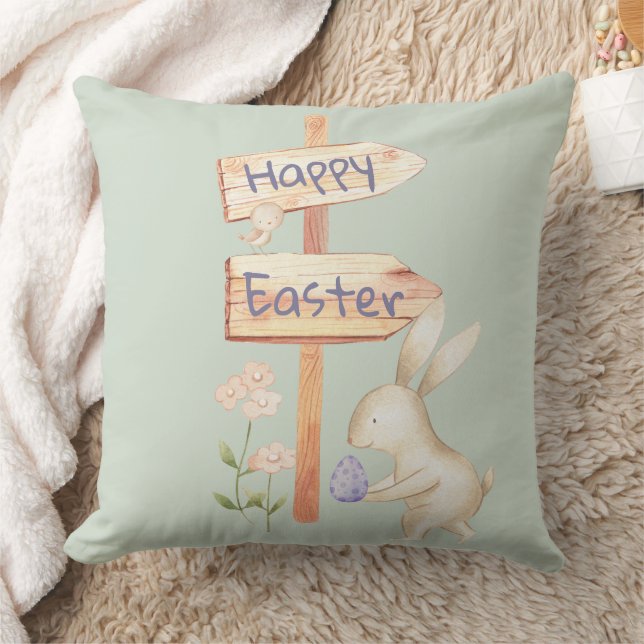 Happy Easter Bunny and Egg on Green Cushion (Blanket)