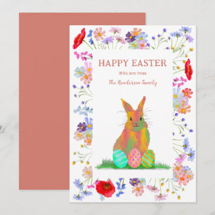 Happy Easter Bunny and Eggs Floral Holiday Card