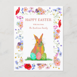 Happy Easter Bunny and Eggs Floral Holiday Postcard