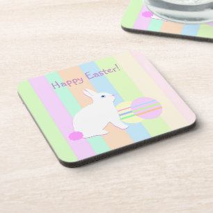 Happy Easter Bunny and Eggs on Stripes Coaster