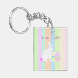 Happy Easter Bunny and Eggs on Stripes Key Ring