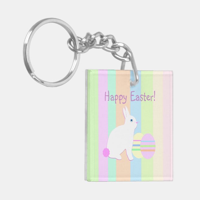 Happy Easter Bunny and Eggs on Stripes Key Ring (Front Left)