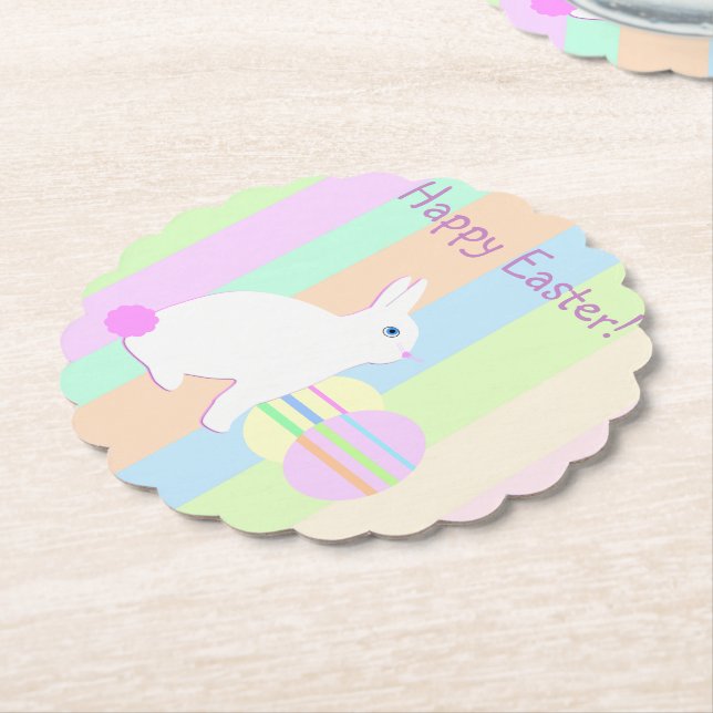 Happy Easter Bunny and Eggs on Stripes Paper Coaster (Angled)