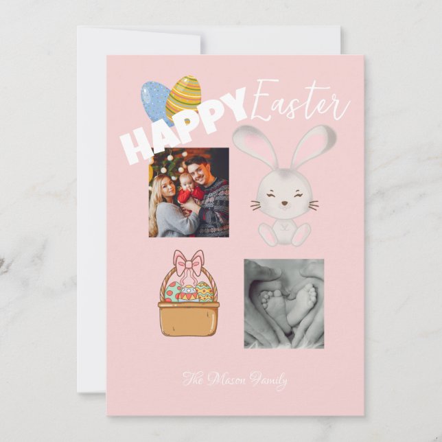 Happy Easter Bunny and Eggs Pink Family Photo Holiday Card (Front)