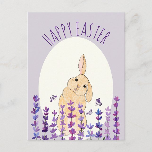 Happy Easter Bunny and Lavender  Postcard (Front)